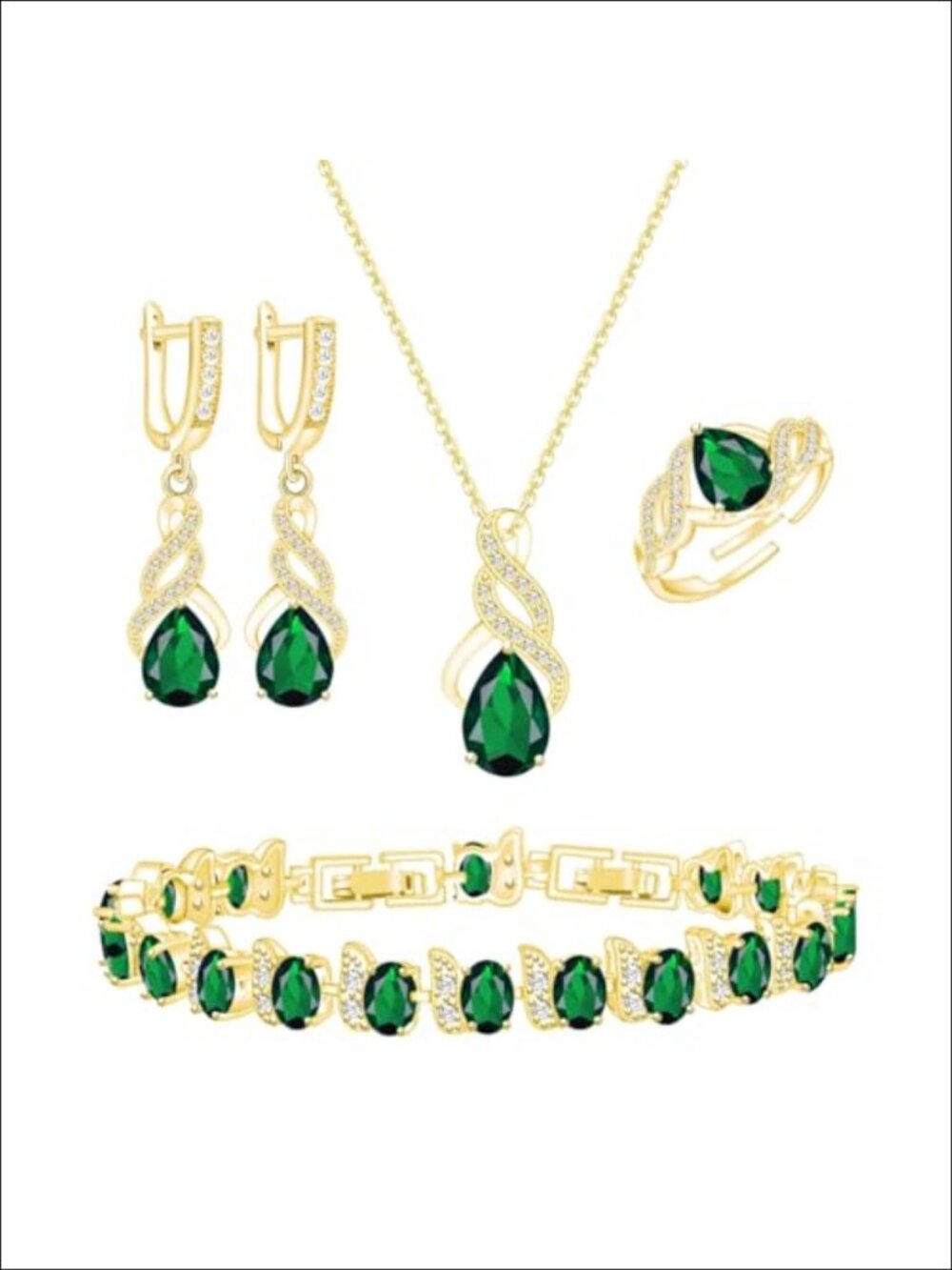 18k Gold Plated Teardrop Jewelry Set Necklace Earrings Ring Bracelet